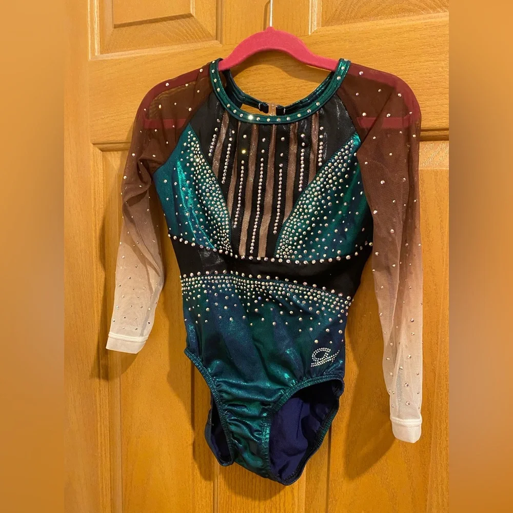 GK Rhinestone Embellished Leotard in Teal and Black - Picture 1 of 2